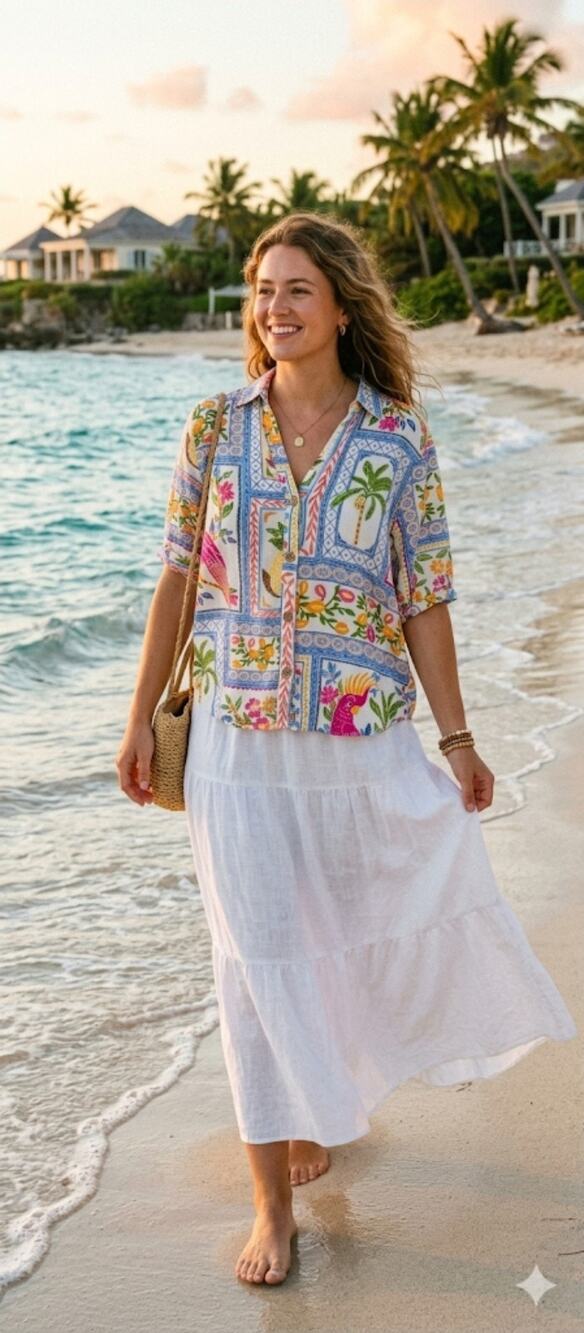 Calypso St Barth Blue Green Floral Top Medium Linen Blend